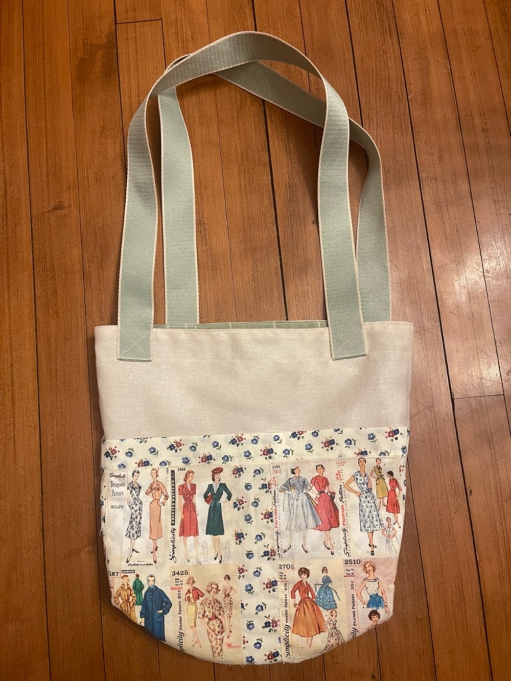 Handmade Canvas Tote with Vintage Dress Illustration in Cream and Light Green